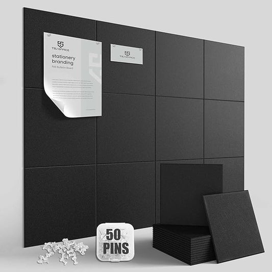 TSJOFFICE Large Cork Board for Wall - Bulletin Board 48" x 36" with 50 Pushpins for Office Decor, Pin Board 12 Pack Felt Wall Tiles with Safe Removable Adhesive Tabs, Corkboard for Home Office - Black