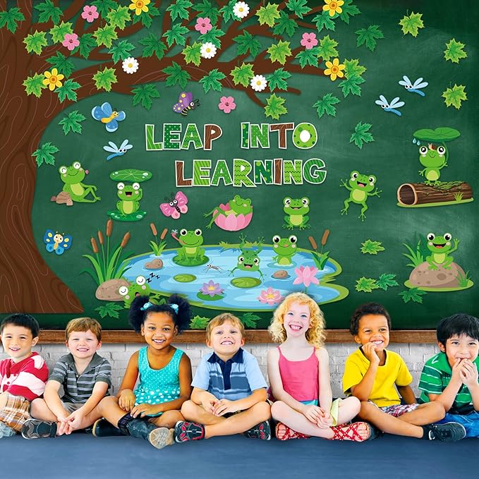 Zonon 113 Pcs Summer Frog Cutouts Bulletin Board Decorations Back to School Classroom Decorations Green Frog Cutouts with Glue Points for School Kids Office Chalkboard Passover Party Supplies