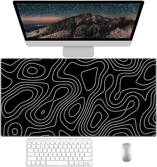 Black Topographic Desk Pad Protector, Stitched Edges Mouse Pad, Large Office Desk Mat, Non-Slip Desk Blotter, Laptop Desk Pad, Desk Writing Pad for Office and Home (31.5" x 15.7 ")