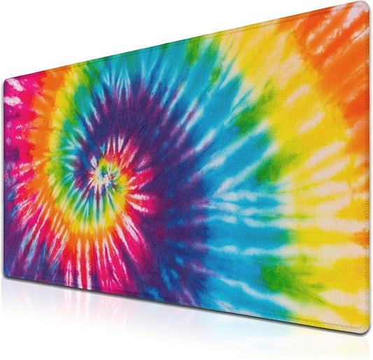 Gaming Mouse Pad Yellow Big Desk Mat Large Mousepads Desktop Mat Table Extender Non-Slip Rubber Base Waterproof with Stitched Edges 35.4" X 15.7" for Game Office, Rainbow Tie Dye