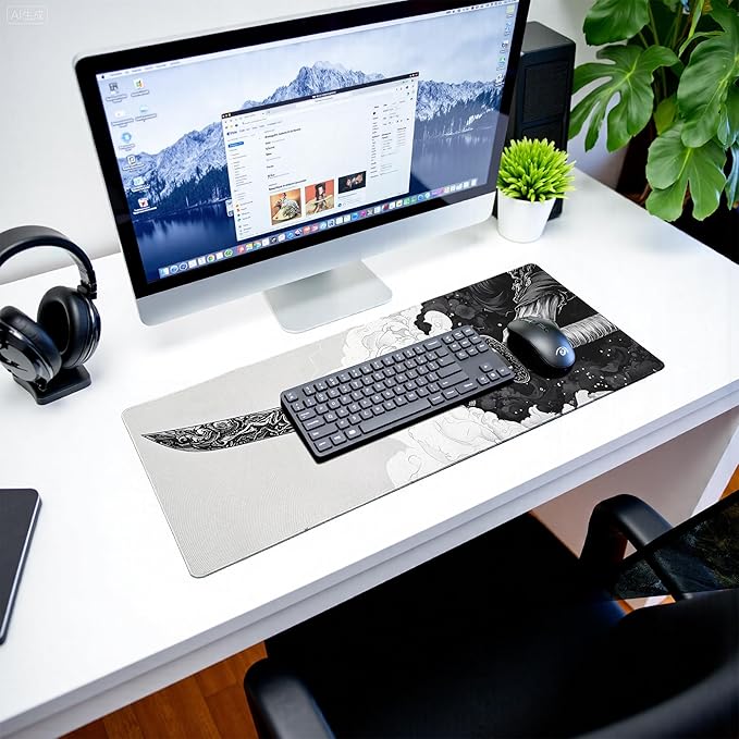 Katana Gaming Mouse Pad 31.5x11.8 Inch Large Black Long Extended Pads Big Mousepad Large Non-Slip Rubber Base Waterproof Big Keyboard Mat with Stitched Edges for PC Computer Laptop and Office