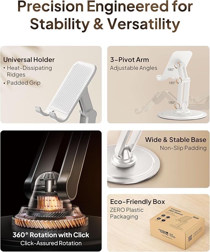 COOPER 360° Stand, [Gift Family Pack], Rotating Cell Phone Stand for Desk, Cell Phone Holder for Desk, iPhone Stand Holder, Sturdy Metal Base, Fits Samsung, Android Smartphones, (Cream White, 2-Pack)