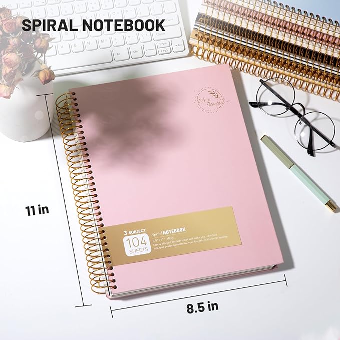 FLYING EAGLE 3 Subject Notebook Large Spiral Notebook 8.5 X 11, Pink Notebook for Women Men, 100 GSM Thick Paper 104 Sheets, Hardcover Notebook for Work, School, Writing, Note Taking Pink
