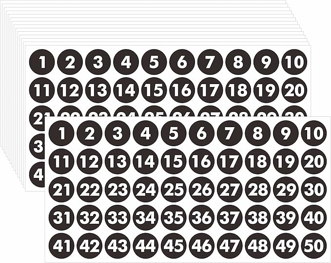 750 PCS Round Number Sticker, 15 Sheets Consecutive Black Vinyl Labels 1-50 Self-Adhesive Dot Stickers for Indoor, Outdoor, Office, Classroom, Storage, Organizing, Boxes (1 Inch Each)