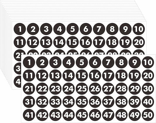 750 PCS Round Number Sticker, 15 Sheets Consecutive Black Vinyl Labels 1-50 Self-Adhesive Dot Stickers for Indoor, Outdoor, Office, Classroom, Storage, Organizing, Boxes (1 Inch Each)