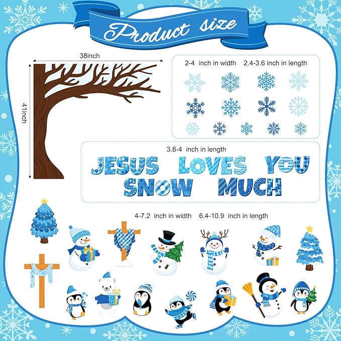 Zonon 114 Pcs Winter Bulletin Board Decorations Christmas Religious Christian Bulletin Board Set Snowflake Snowman Tree Jesus Loves You Snow Much Cutouts Winter Classroom Decorations for School Wall