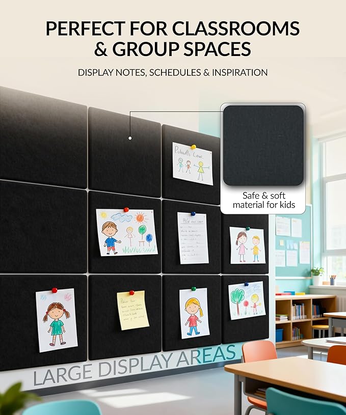 Large Felt Bulletin Board 48" x 36" with Push PINS & Wall Safe Adhesive Tabs – Modern Large Cork Board for Walls in Home or Office, Versatile Felt Board Layout, Cork Board, Vision Board, Dream Board