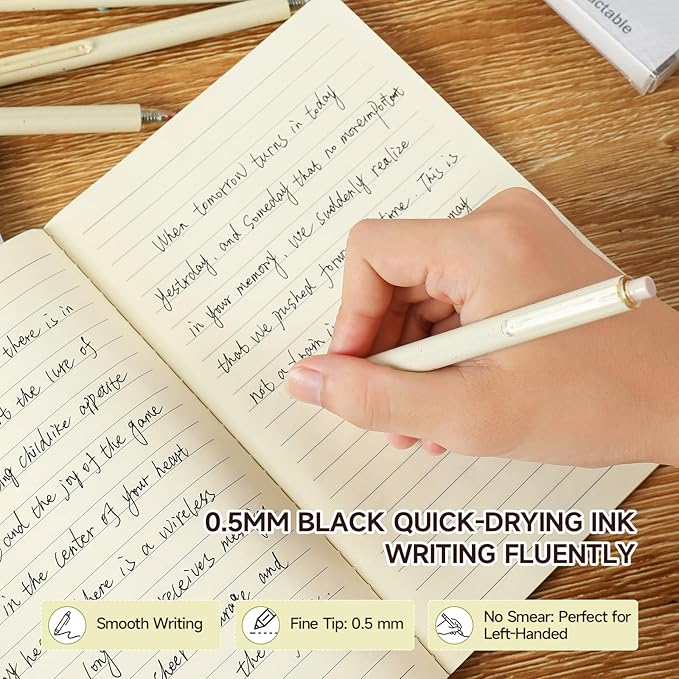 Gel Pens for Note Taking 12PCS RIANCY Black Ink Fine Point Pen Black Gel Pens Quick Dry Ink 0.5mm Smooth Writing Pen for Home Office Art Back to School Supplies (Cream)