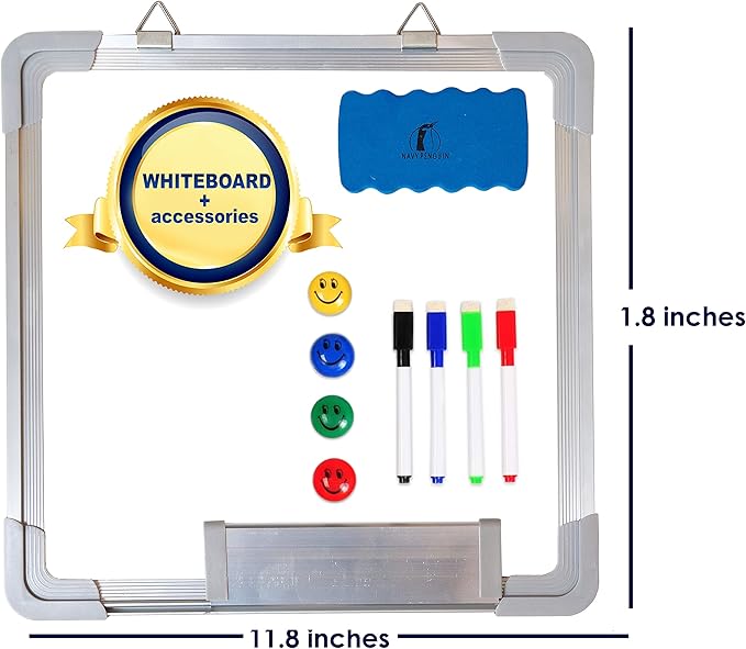 Whiteboard Set - 12 x 12 in Dry Erase Board with 1 Magnetic Dry Eraser, 4 Dry Wipe Markers and 4 Magnets - Small White Board Wall Hanging Marker Board for Home and Office (12x12)
