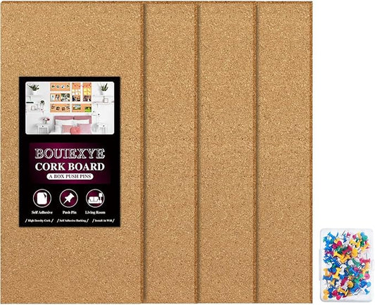 Cork Board 17 X 8 inch Self Adhesive Corkboards for Wall School Home Office 4 Pack Bulletin Boards with 100 Push Pins