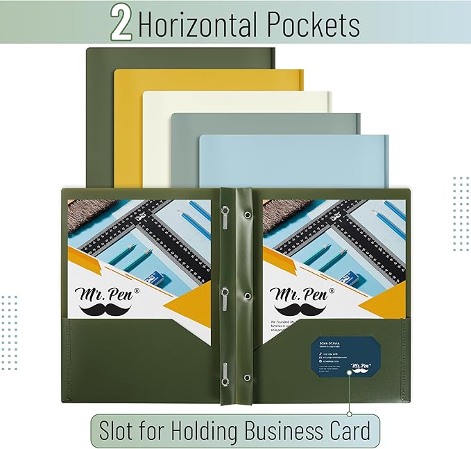 Mr. Pen- Plastic Folders with Pockets and Prongs, 5 Pack, Letter Size, Earthlight Colors, Flexible Plastic Folders with Prongs & Card Slot