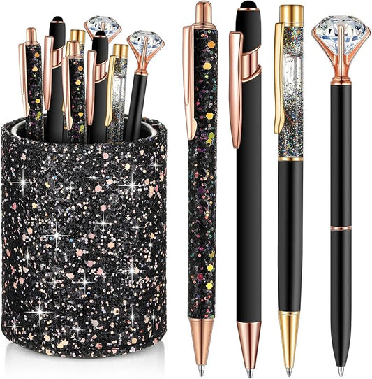 Sabary 8 Pcs Black Pens with Pen Holder for Desk Glitter Crystal Diamond Cute Ballpoint Fancy Pencil Holder Bling Desk Organizer for Women Girls Gifts School Office Wedding Supplies