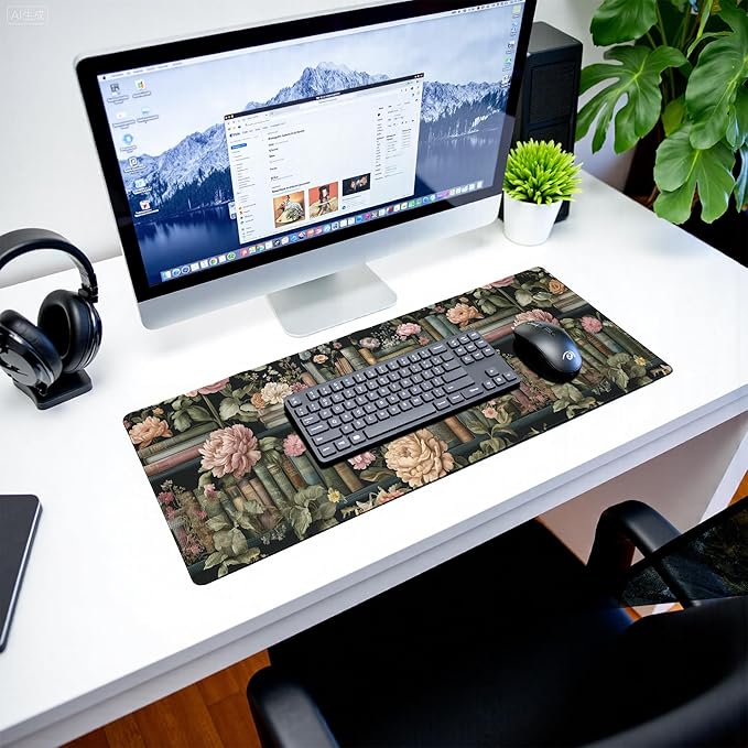 Floral Books Gaming Mouse Pad Reading Mouse Pad 31.5x11.8 Inch Flower Bookshelf Desk Mat Non-Slip Rubber Base Large Mousepad Stitched Edges Keyboard Mouse Mat Desk Pad for Office and Home