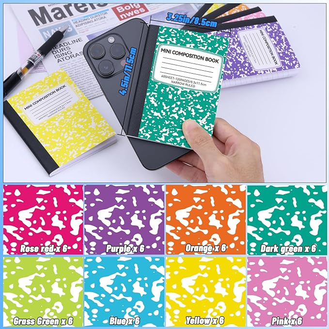 48 Pack Mini Composition Notebooks Bulk, Cute Composition Books, Narrow Ruled Small Pocket Notebook for Students College Office, Pocket Sized Marble Journal, 8 Colors 4.5" x 3.25", 60 Sheets