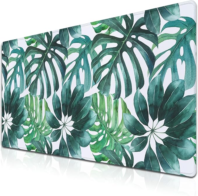 Large Mouse Pad Green Desktop Mat, Gaming Mouse Pads Computer Mats, Full Desk Mat Waterproof Non-Slip Rubber Base, 35.4 X 15.7 inch for Work/Game/Office/Home Watercolor Tropical Leaves Art