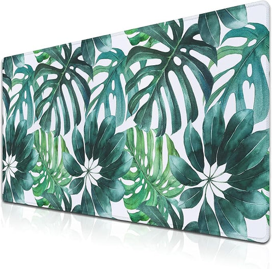 Large Mouse Pad Green Desktop Mat, Gaming Mouse Pads Computer Mats, Full Desk Mat Waterproof Non-Slip Rubber Base, 35.4 X 15.7 inch for Work/Game/Office/Home Watercolor Tropical Leaves Art