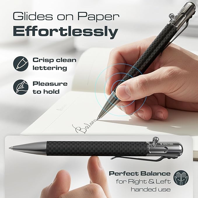 BASTION Luxury Executive Bolt-Action Ballpoint Pen for Men & Women | Ink Refillable Retractable Office Business Writing Pen | Glass Breaker Metal Self-Defense EDC (Carbon Fiber/Stainless Steel)