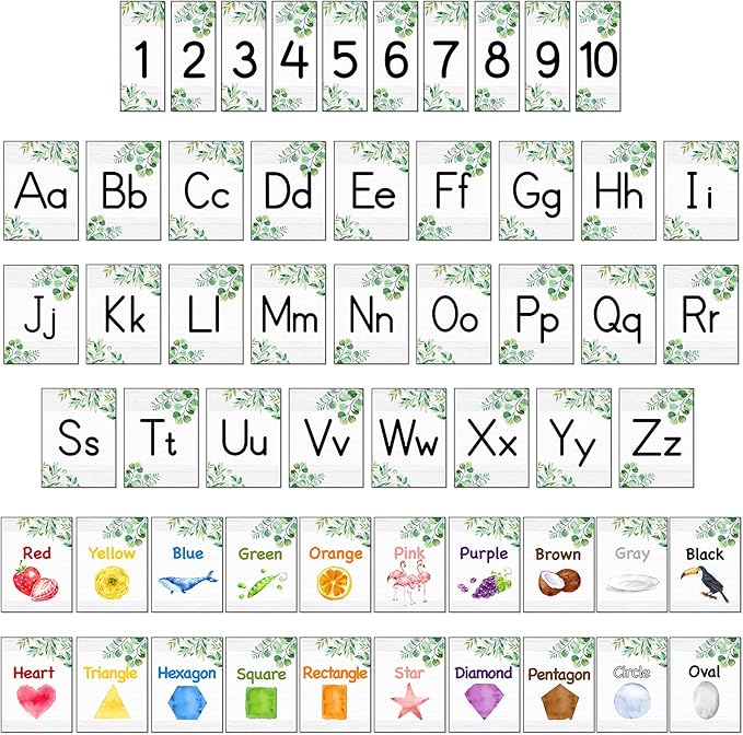 56 Pieces Alphabet and Number Bulletin Board Set Manuscript Bulletin Board Cards Educational Preschool Cards Eucalyptus Colors Shapes Early Childhood Education Posters for Kids Classroom Decoration