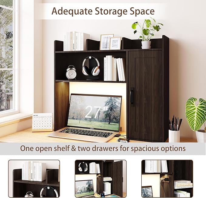 Desktop Bookshelf, Wooden Desk Hutch with LED Lights, Desktop Shelf with 6 Shelves and Power Outlets, Office Desk Organizer, Over Desk Storage Shelves for Dorm, Home, Walnut