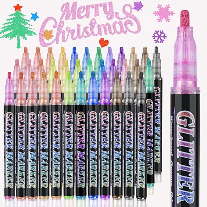Glitter Marker Pens,36 Colors Self-Shimmer Metallic Markers,Glitter Paint Pens DIY Crafts Greeting Birthday Cards, Making Poster,Album,Scrapbooking,Wood，Mugs