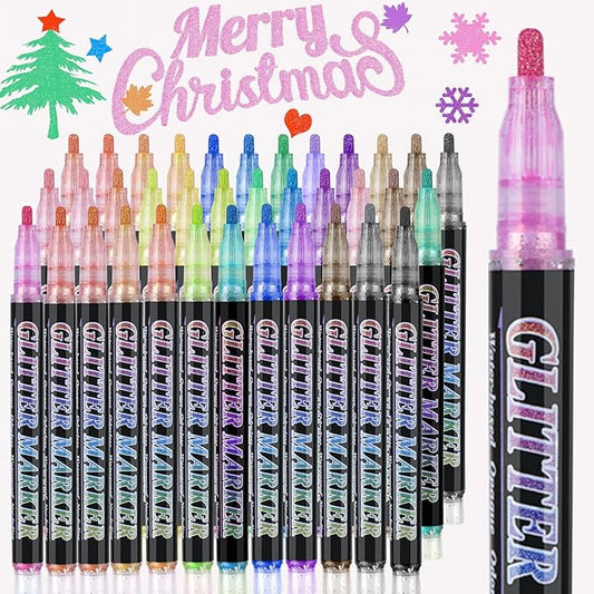 Glitter Marker Pens,36 Colors Self-Shimmer Metallic Markers,Glitter Paint Pens DIY Crafts Greeting Birthday Cards, Making Poster,Album,Scrapbooking,Wood，Mugs