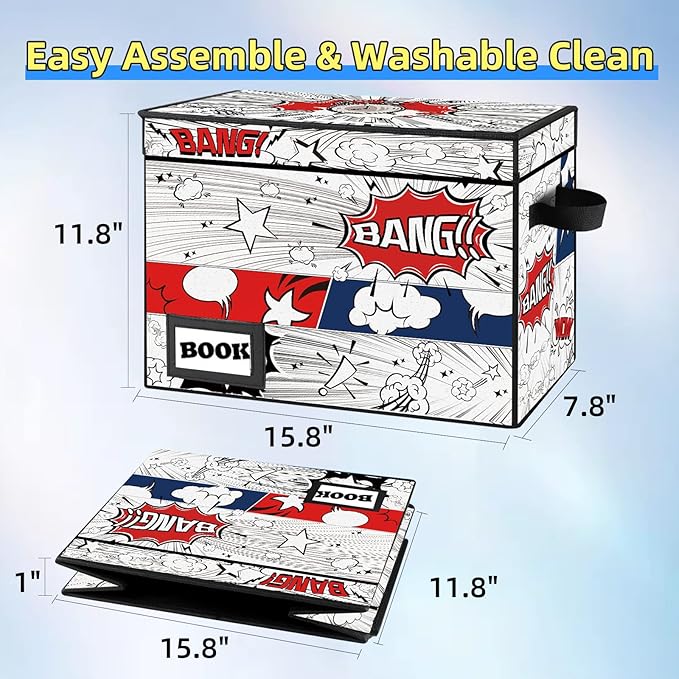 5 Pack Comic Book Storage Box, 15.8" X 7.8" X 11.8", Collapsible Holds 160-180 Comic Book Short Box Bin Container Holder Shelf(Cartoon Clock)
