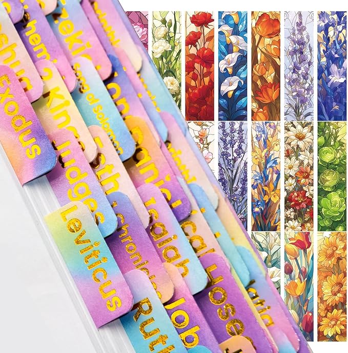 Bible Tabs with Unique Stickers, Laminated Bible Tabs for Women & Men, Christian Gifts, Large Print Bible Tabs for Easy Navigation, Bible Book Index Tabs Labels, Bible Study Supplies, Rainbow3 SQ4