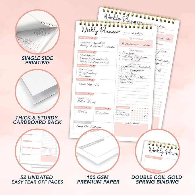 Decorably 52 Sheets Nude Pink Undated Weekly Planner Notepad Tear Off, 6.5x10in Spring-Bound Design, with Focus, Priorities, to-do list, Habit Tracker, Notes and Doodles - Home, School, Office