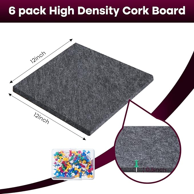 Felt Cork Board Tiles 6 Pack Grey Bulletin Boards 12"x12" - 1/2" Thick Corkboards for Wall Bulletin Board Self Adhesive with 100 Push Pins for Wall School Home Office