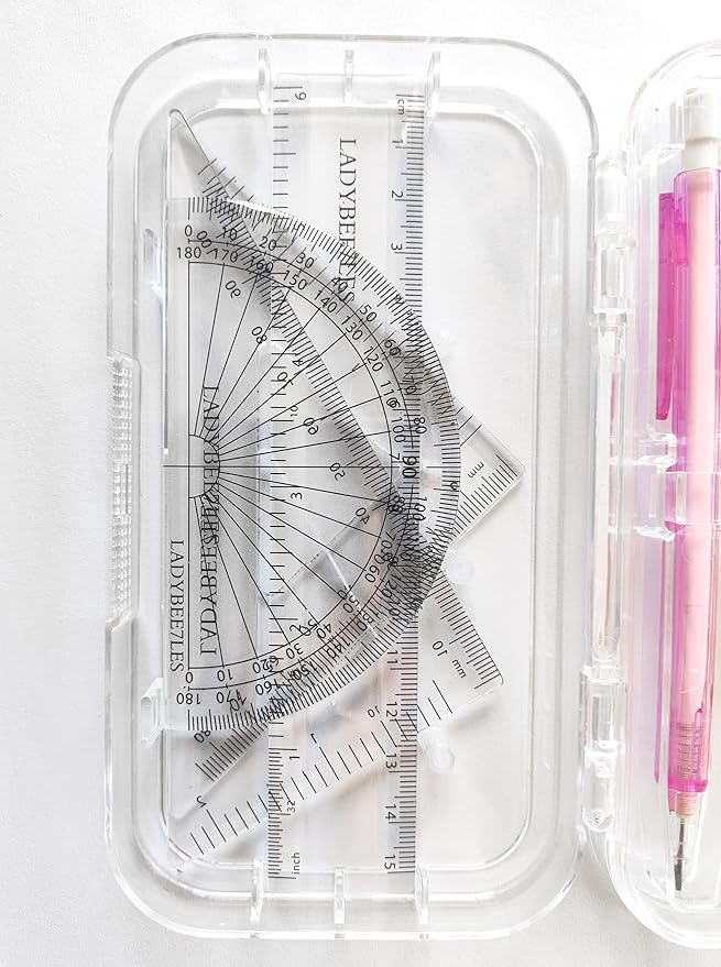 9-piece set back-to-school kit , packed in a reusable plastic box,two triangles, a protractor, a 15-centimeter ruler, a compass, a mechanical pencil with extra lead, and an eraser.