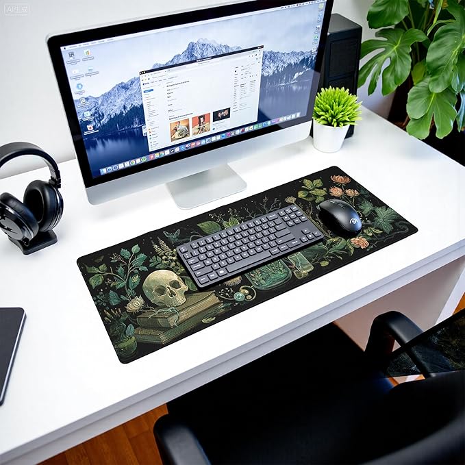 Dark Academia Gaming Mouse Pad Extra Large Mousepad Mystical Green Plant Desk Mats Japanese Full Keyboard Mat Computer Pad Desk Mat with Stitched Edges Non-Slip Desktop 31.5 x11.8 in