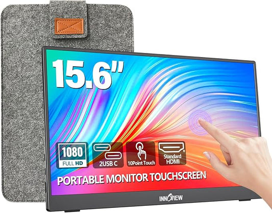 InnoView Portable Monitor Touchscreen 15.6" 1080P 10-Point Touch Screen Monitor Portable with Protective Sleeve Built-in Stand, 1200:1 HDMI USB C Travel Monitors for Laptop, PC, Phone