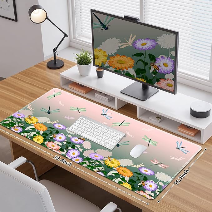 Pink Green Desk Pad Mouse Pad, Large Gaming Mouse Mat with Stitched Edges, Non-Slip Waterproof Rubber Base Mous Mat for Women Office Computer Keyboard Laptop Home (35.4X17.5 in), Floral & Dragonfly