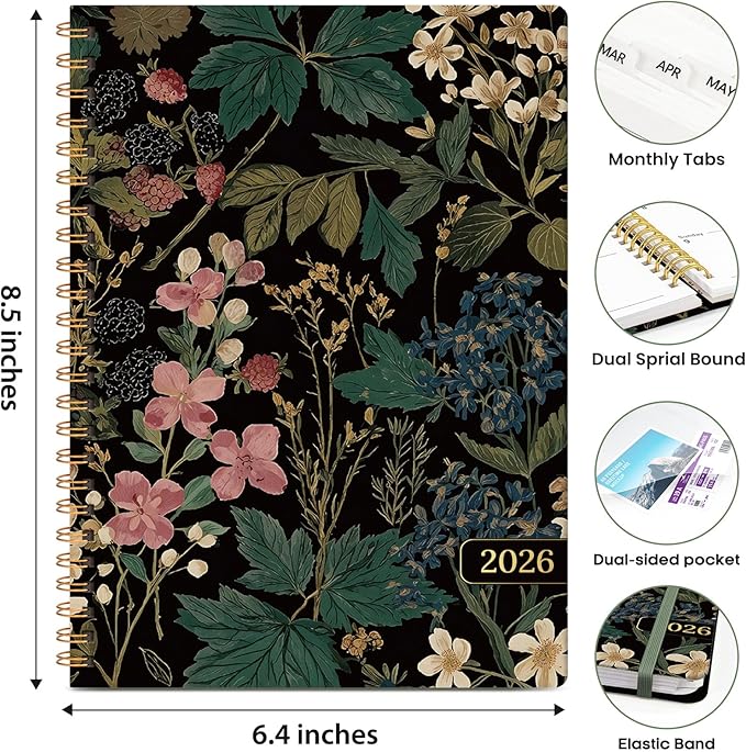 2026 Planner, Weekly and Monthly Calendar Planner Book, January 2026 - December 2026, Hardcover Spiral Planner with Monthly Tabs, Notes Pages, Perfect for Women & Men, A5 (6.4" x 8.5") - Botanical