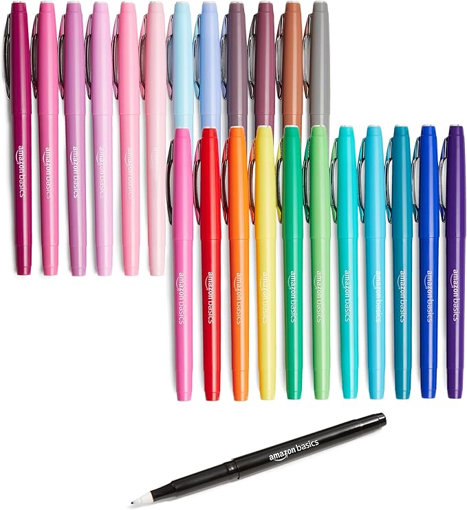 Amazon Basics Felt Tip Marker Pens, Assorted Colors, No-Fray Felt Tip, Smear-Proof, for Writing, Drawing, Journaling and Note Taking, 24-Pack