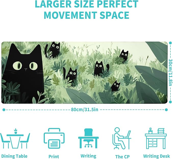 Black Cat Gaming Mouse Pad Large Desk Mat Extended Keyboard Mouse Pad Anime Mousepad with Non-Slip Base and Stitched Edge Mouse Mat Desk Pad 31.5 x 11.8 Mouse Pads for Desk Home Office Gaming