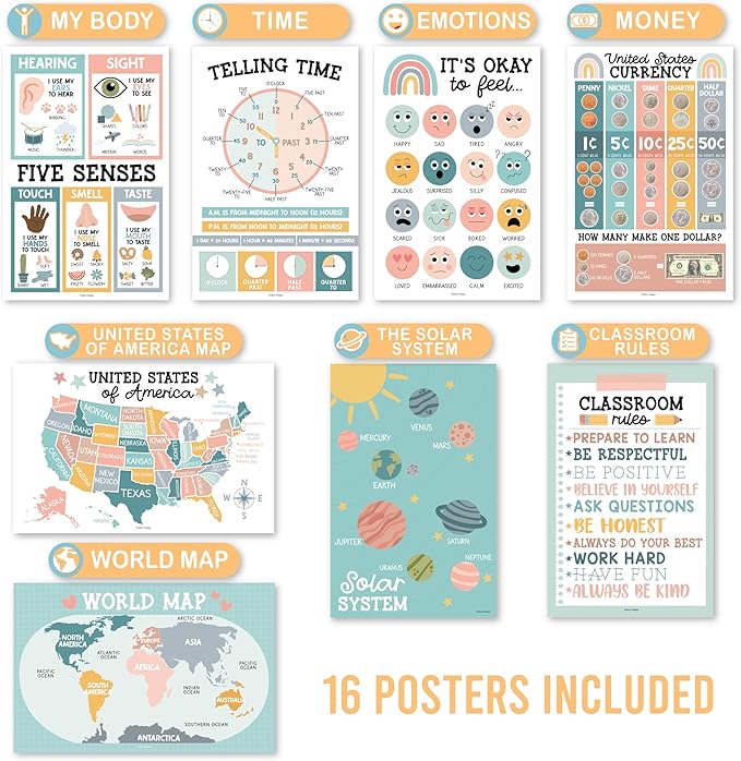 Hadley Designs 16 Educational Posters for Classroom Decor - Learning Posters for Toddlers 1-3, Alphabet for Classroom Wall, Daycare Essentials, Homeschool Posters Preschool, Boho Playroom Decor