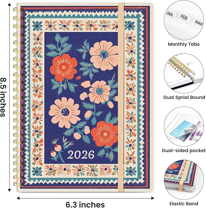2026 Planner, Weekly and Monthly Planner for Women, Jan 2026 - Dec 2026 Pretty 2026 Calendar Planner with Monthly Tabs, Inner Pocket, Spiral Binding, Perfect for Office Home School - 6.3" x 8.5", Folk Bloom