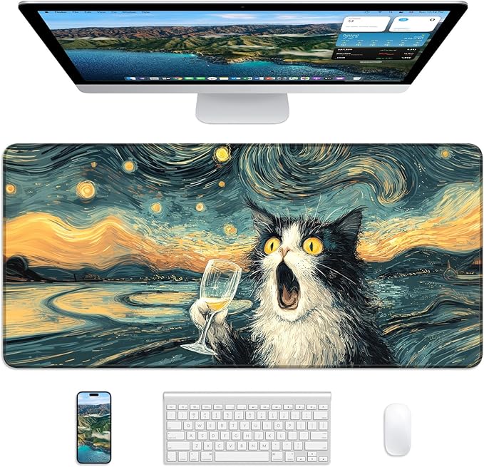 XL Gaming Mouse Pad, 31.5x17.5'' Large Desk Mat with Anti-Slip Rubber Base & Stitched Edges for Gaming, Office, Home - Shocked Cat