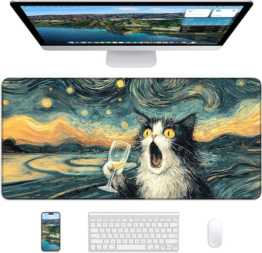 XL Gaming Mouse Pad, 31.5x17.5'' Large Desk Mat with Anti-Slip Rubber Base & Stitched Edges for Gaming, Office, Home - Shocked Cat