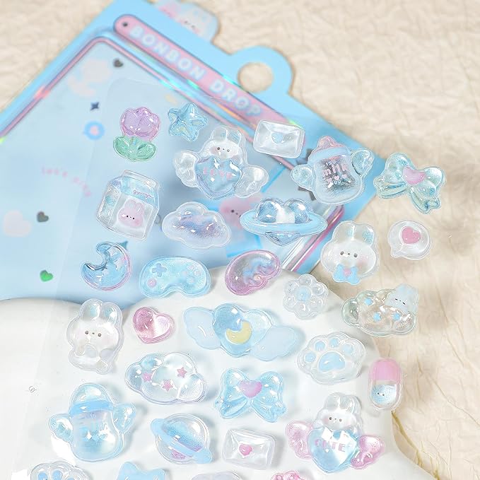 3D Cute Cartoon Blue Puff Stickers - Kawaii Rabbit Love Heart Mini Puffy Stickers Reusable Resin Decorative Decals for Scrapbooks Planner Journals Laptops Phone Case Decor