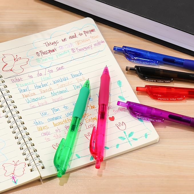 USUAL Gel Pens 0.5 mm,12 Pack Retractable 6 Color Ink Pen Fine Point Rollerball Pens,Quick Dry Smooth Writing,No Bleed for Journaling Note Taking, Home School Office Supplies