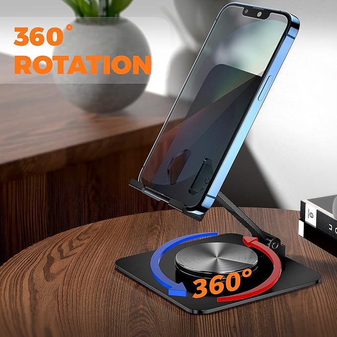 360 Rotatable Foldable Phone Stand for Desk,Fully Adjustable Desktop Phone Holder Cradle Dock Compatible with iPhone 17 16 15 14 13 12 11 Pro Max,Tablets,All Phones(Black)