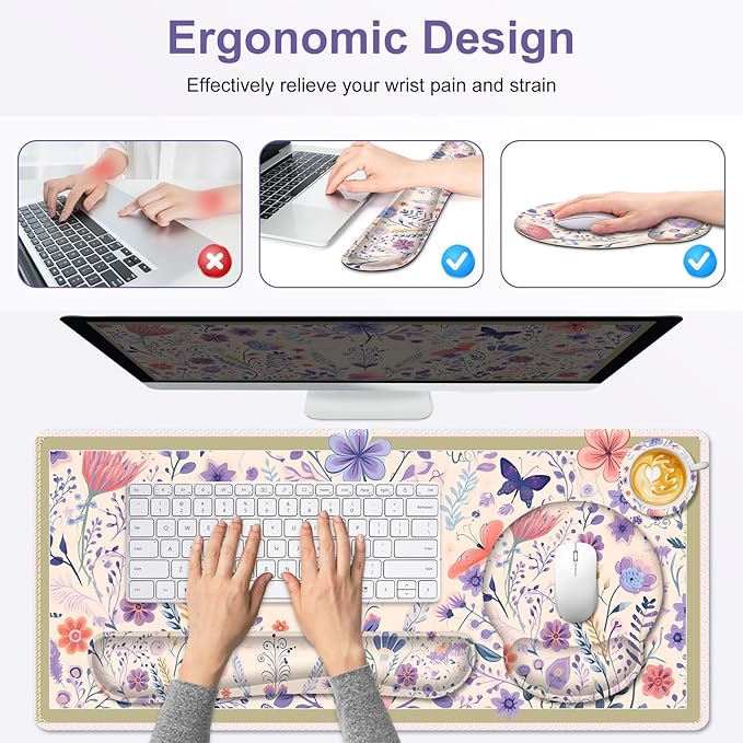 Cute Desk Mat, 4in1 Large Mouse Pad with Wrist Rest, Desk Matt for Desktop, Deskpad Mat, Anti-Slip XXL Computer Ergonomic Mousepad with Wrist Support for Keyboard and Mouse I Retro Purple Floral