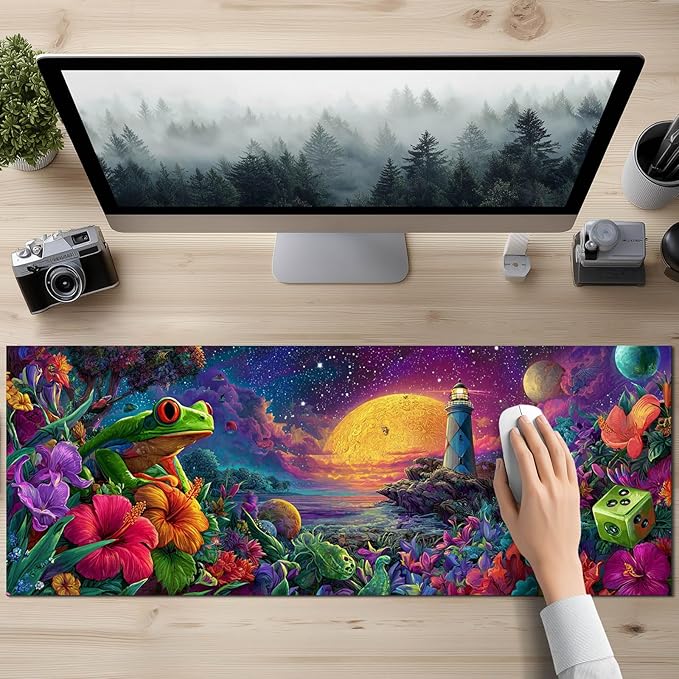 Large Mouse Pad Gaming Mousepad 31.5 x 11.8 Inch Keyboard Desktop Mat Diatomite XL Mouse Pad for Home and Office Desk Accessories with Fantasy Cosmic Frog Lighthouse Artwork Diatomite