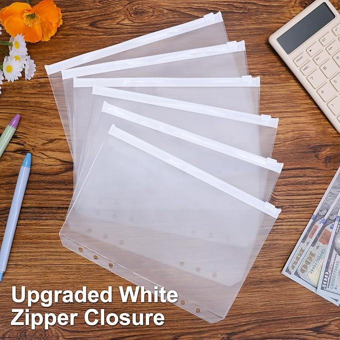 Antner 20pcs A5 Binder Pockets 6-Hole Budget Planner Inserts Cash Stuffing Envelopes for Money Organizer, White Zipper Pouch Folders Waterproof PVC Loose Leaf Filling Bags for A5 6-Ring Savings Binder