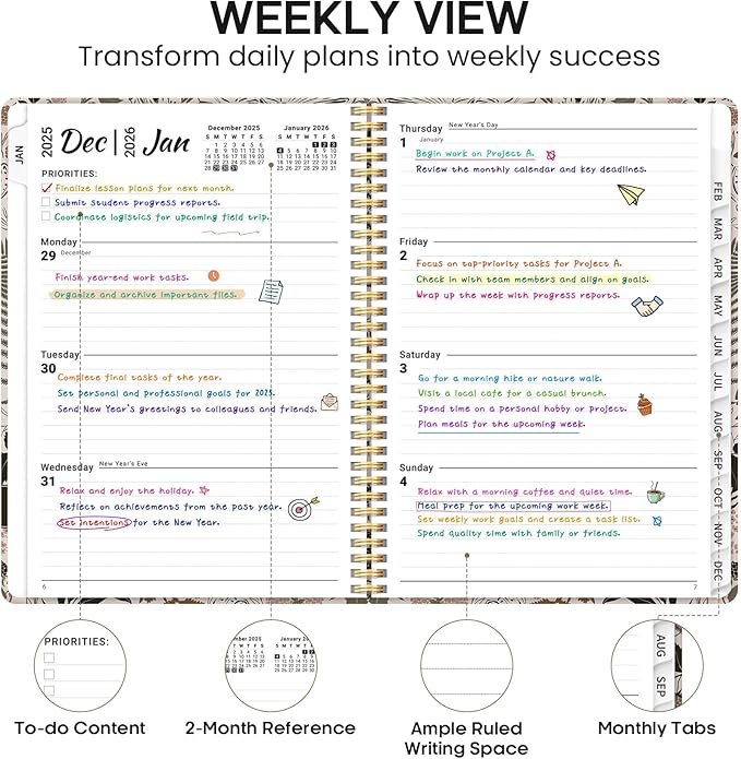 2026 Planner, Weekly and Monthly Calendar Planner Book, January 2026 - December 2026, Hardcover Spiral Planner with Monthly Tabs, Notes Pages, Perfect for Women & Men, A4 (8.5" x 11") - Owl