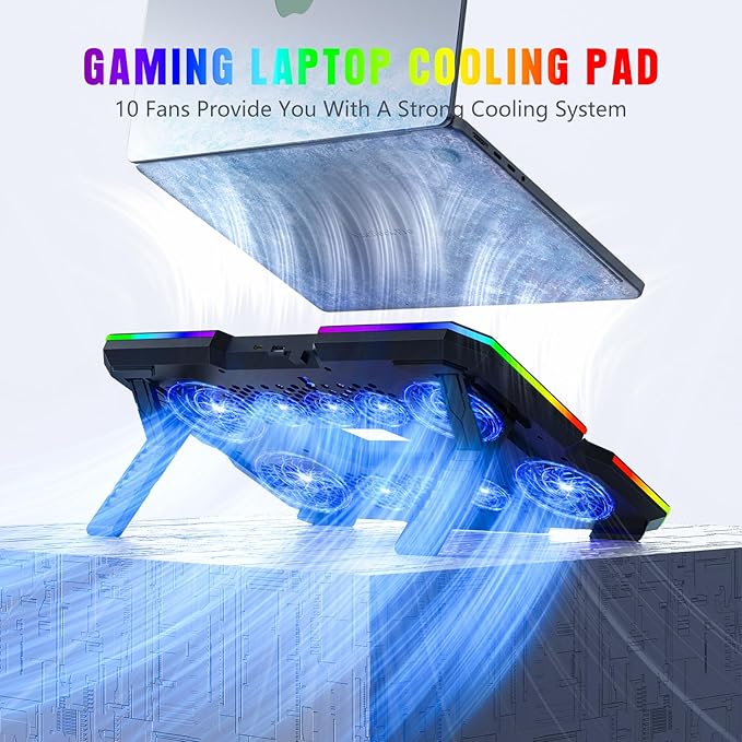 Laptop Cooling Pad, Gaming Laptop Cooler with 10 Quiet Fans, Height Adjustable Laptop Cooling Stand for 12"-17" Laptops, RGB Lights with Laptop Fan with 2 USB Port and Phone Stand