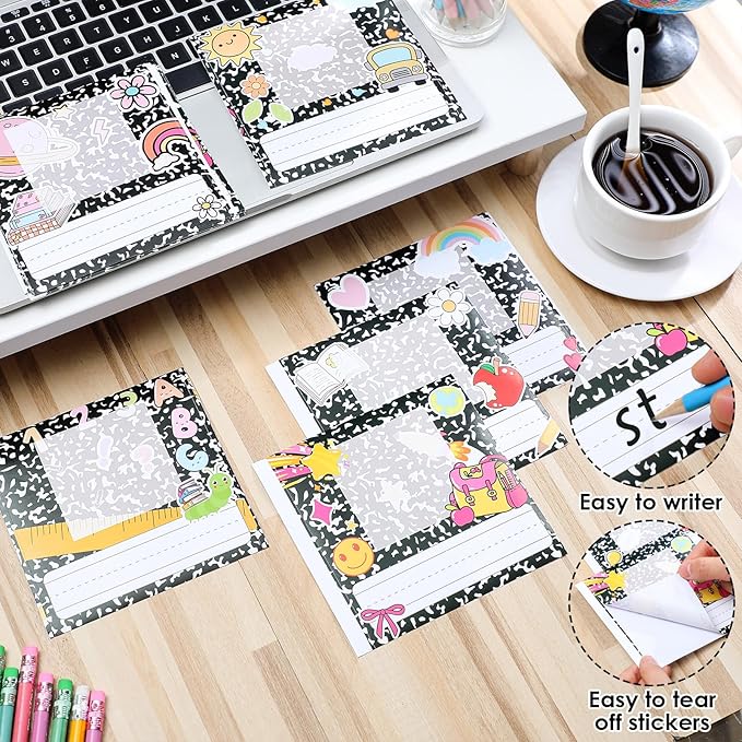 42pcs Composition Book Desk Name Tags Kids Photo Nameplates for Desk Student Name Plates for Classroom Kindergarten Labels Stickers with Photo Self Adhesive Colorful Classroom Decoration