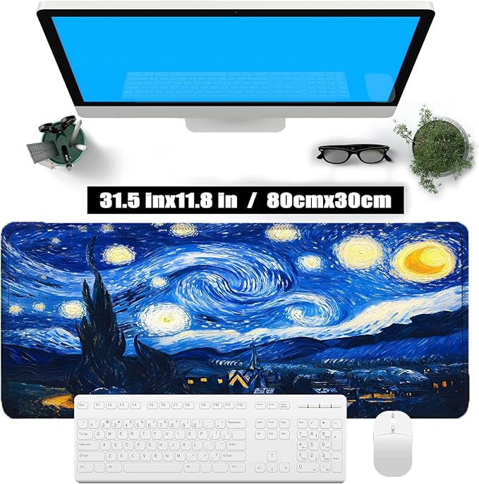 Van Gogh cat Starry Night Mouse Pad, Large Gaming Mouse Mat (31.5x11.8in), Micro-Woven Cloth Surface, Non-Slip Rubber Base, Machine Washable, for Office & Home